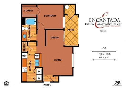 Floor plan for 1 bed, 1 bath, 820 sqft